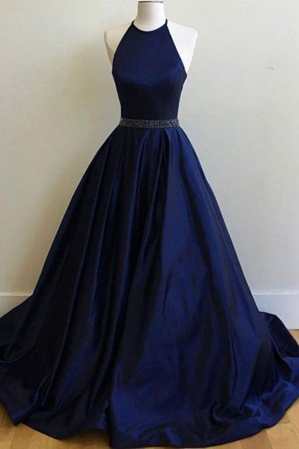 Dark Navy Elegant A-Line Halter Ball ...